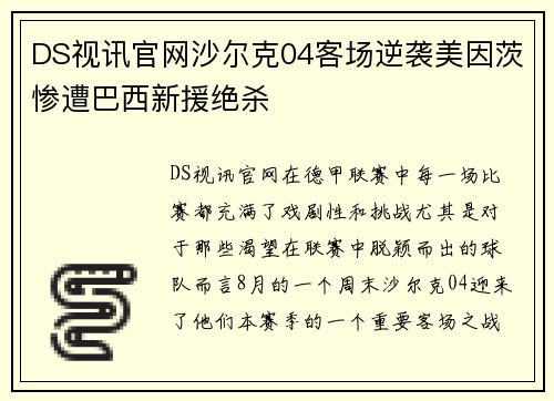 DS视讯官网沙尔克04客场逆袭美因茨惨遭巴西新援绝杀