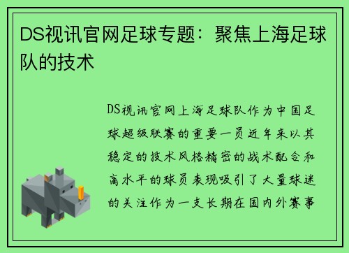 DS视讯官网足球专题：聚焦上海足球队的技术